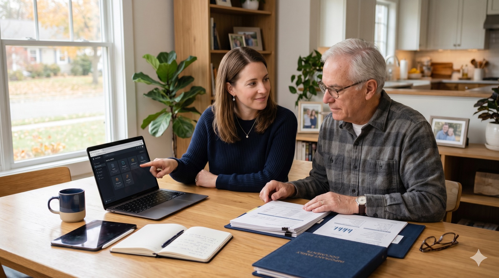 An adult daughter and her aging father review a digital assets dashboard on a laptop next to a labeled binder of important family documents.